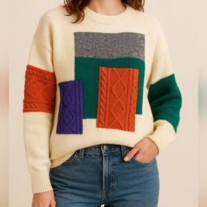 Cider Grandma's Quilt Patchwork Drop Shoulder Pullover Sweater- Women's Size SM